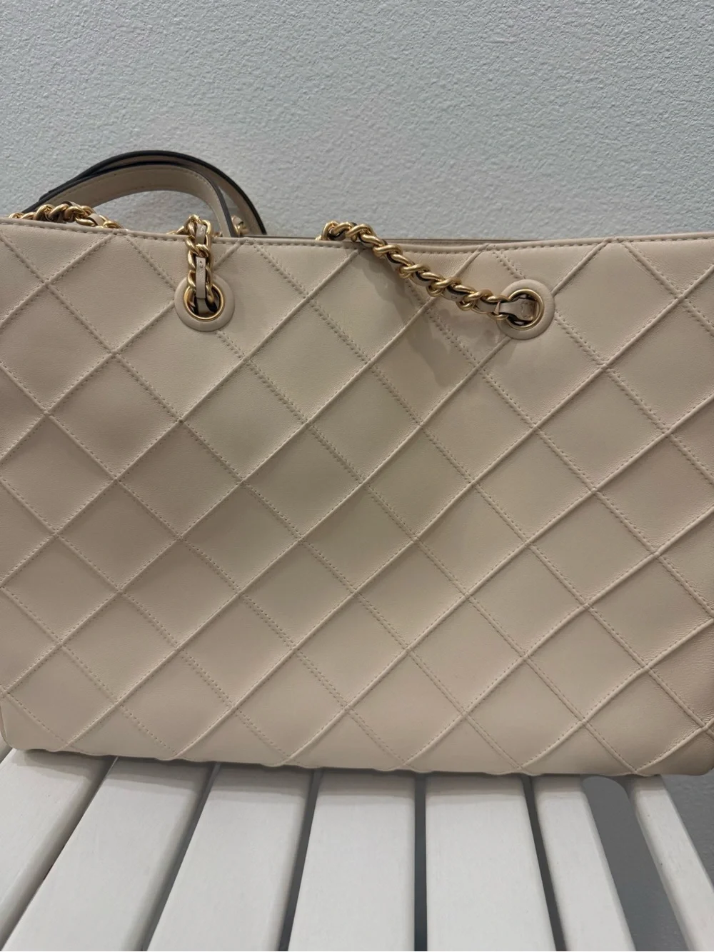 Tory Burch Quilted Logo Tote in Light Beige with Gold Chain Straps